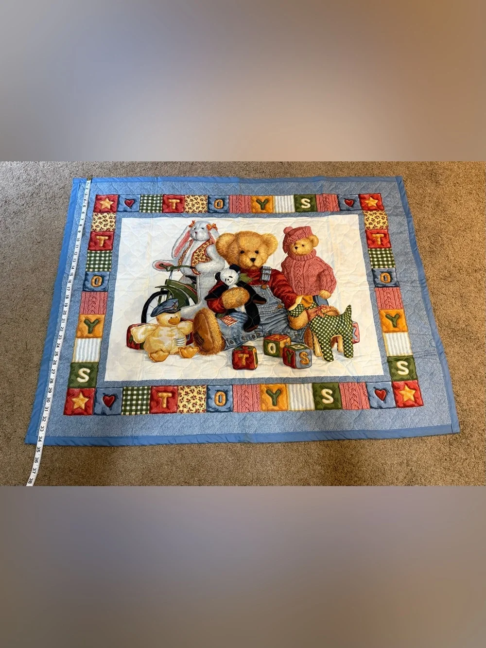 Vintage 90s Handcrafted Daisy Kingdom Blue Jean TeddyBear Baby Quilt WallHanging
